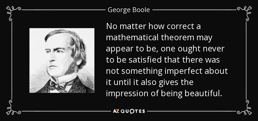 No matter how correct a mathematical theorem may appear to be, one ought never to be satisfied that there was not something imperfect about it until it also gives the impression of being beautiful. - George Boole
