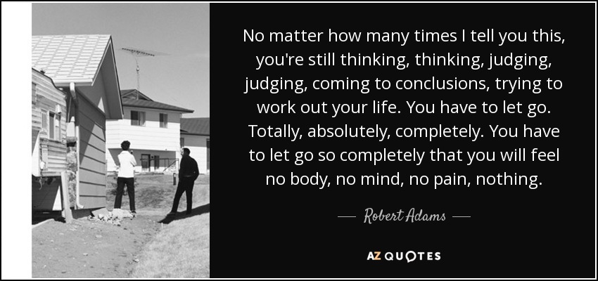 No matter how many times I tell you this, you're still thinking, thinking, judging, judging, coming to conclusions, trying to work out your life. You have to let go. Totally, absolutely, completely. You have to let go so completely that you will feel no body, no mind, no pain, nothing. - Robert Adams
