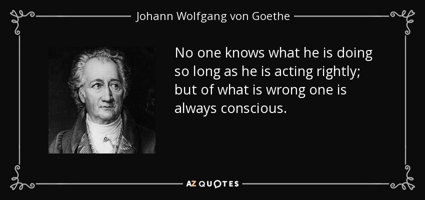 No one knows what he is doing so long as he is acting rightly; but of what is wrong one is always conscious. - Johann Wolfgang von Goethe