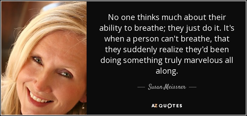 No one thinks much about their ability to breathe; they just do it. It's when a person can't breathe, that they suddenly realize they'd been doing something truly marvelous all along. - Susan Meissner