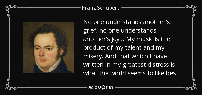 No one understands another's grief, no one understands another's joy... My music is the product of my talent and my misery. And that which I have written in my greatest distress is what the world seems to like best. - Franz Schubert