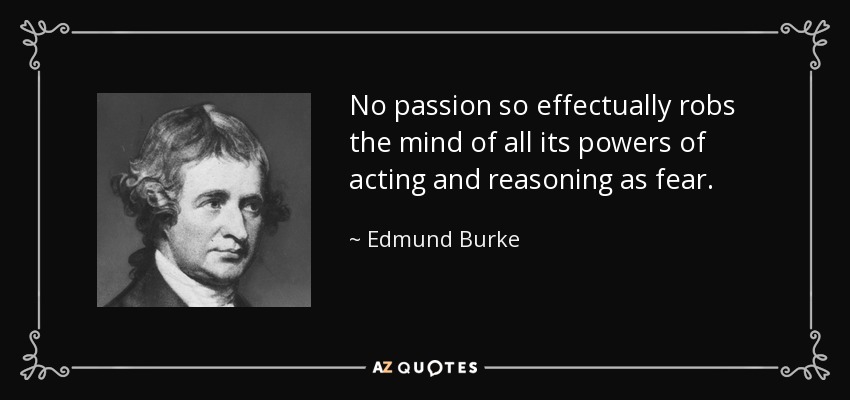 No passion so effectually robs the mind of all its powers of acting and reasoning as fear. - Edmund Burke