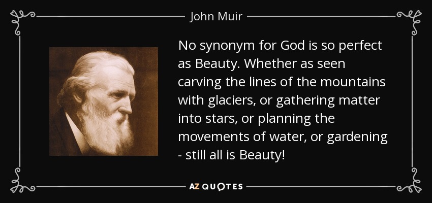 No synonym for God is so perfect as Beauty. Whether as seen carving the lines of the mountains with glaciers, or gathering matter into stars, or planning the movements of water, or gardening - still all is Beauty! - John Muir
