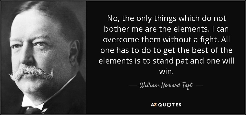 No, the only things which do not bother me are the elements. I can overcome them without a fight. All one has to do to get the best of the elements is to stand pat and one will win. - William Howard Taft