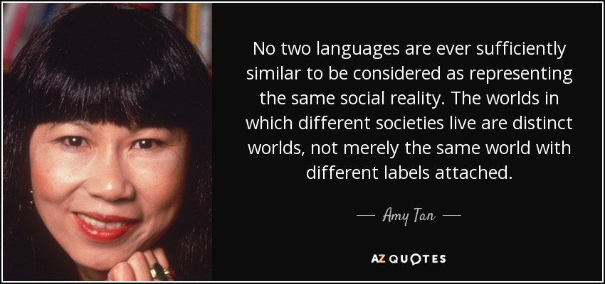 No two languages are ever sufficiently similar to be considered as representing the same social reality. The worlds in which different societies live are distinct worlds, not merely the same world with different labels attached. - Amy Tan