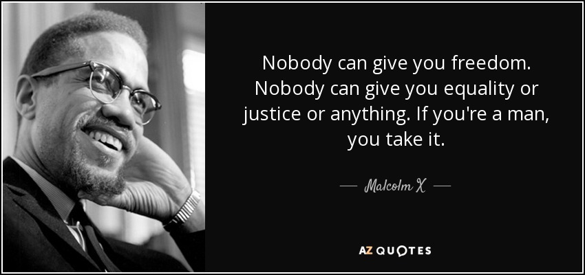 Nobody can give you freedom. Nobody can give you equality or justice or anything. If you're a man, you take it. - Malcolm X