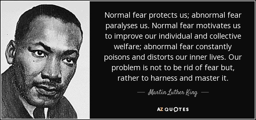 Normal fear protects us; abnormal fear paralyses us. Normal fear motivates us to improve our individual and collective welfare; abnormal fear constantly poisons and distorts our inner lives. Our problem is not to be rid of fear but, rather to harness and master it. - Martin Luther King, Jr.