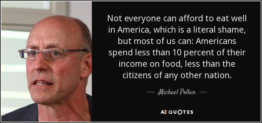 Not everyone can afford to eat well in America, which is a literal shame, but most of us can: Americans spend less than 10 percent of their income on food, less than the citizens of any other nation. - Michael Pollan