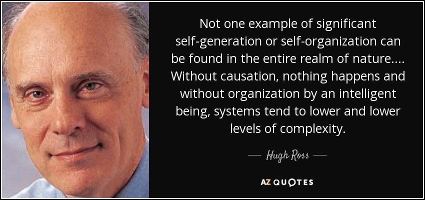 Not one example of significant self-generation or self-organization can be found in the entire realm of nature.... Without causation, nothing happens and without organization by an intelligent being, systems tend to lower and lower levels of complexity. - Hugh Ross