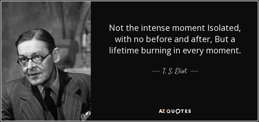 Not the intense moment Isolated, with no before and after, But a lifetime burning in every moment. - T. S. Eliot