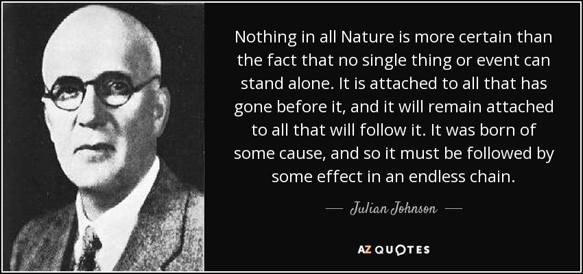 Nothing in all Nature is more certain than the fact that no single thing or event can stand alone. It is attached to all that has gone before it, and it will remain attached to all that will follow it. It was born of some cause, and so it must be followed by some effect in an endless chain. - Julian Johnson