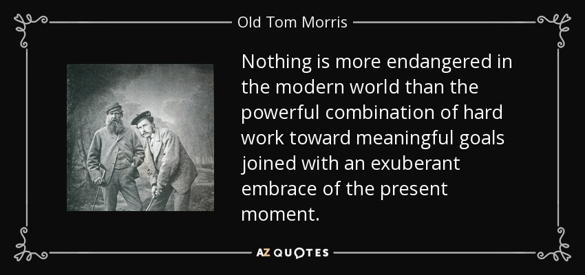 Nothing is more endangered in the modern world than the powerful combination of hard work toward meaningful goals joined with an exuberant embrace of the present moment. - Old Tom Morris