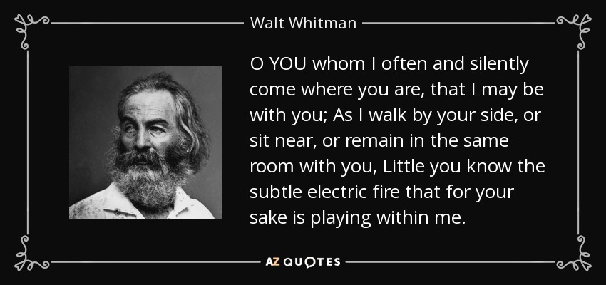 O YOU whom I often and silently come where you are, that I may be with you; As I walk by your side, or sit near, or remain in the same room with you, Little you know the subtle electric fire that for your sake is playing within me. - Walt Whitman