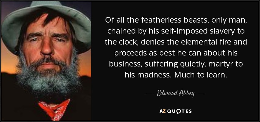 Of all the featherless beasts, only man, chained by his self-imposed slavery to the clock, denies the elemental fire and proceeds as best he can about his business, suffering quietly, martyr to his madness. Much to learn. - Edward Abbey