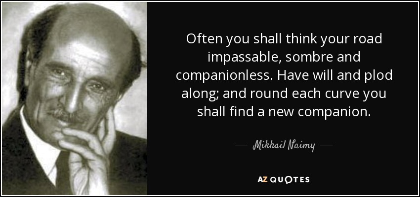 Often you shall think your road impassable, sombre and companionless. Have will and plod along; and round each curve you shall find a new companion. - Mikhail Naimy