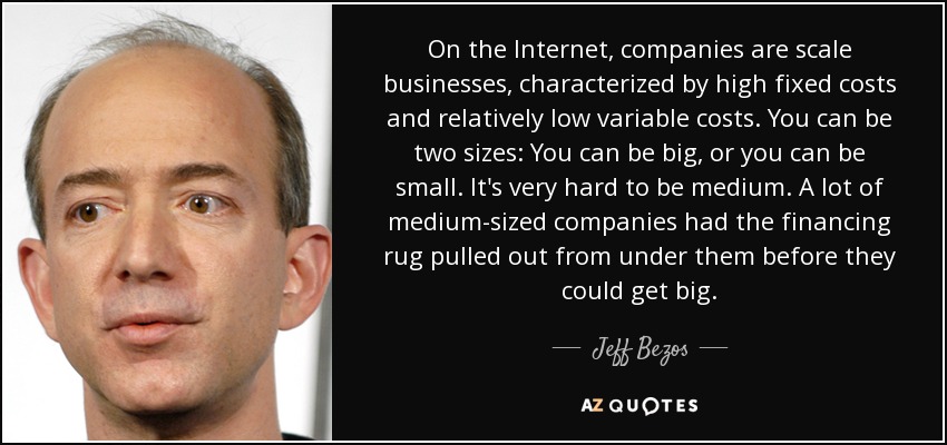On the Internet, companies are scale businesses, characterized by high fixed costs and relatively low variable costs. You can be two sizes: You can be big, or you can be small. It's very hard to be medium. A lot of medium-sized companies had the financing rug pulled out from under them before they could get big. - Jeff Bezos
