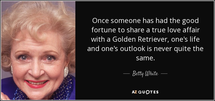 Once someone has had the good fortune to share a true love affair with a Golden Retriever, one's life and one's outlook is never quite the same. - Betty White