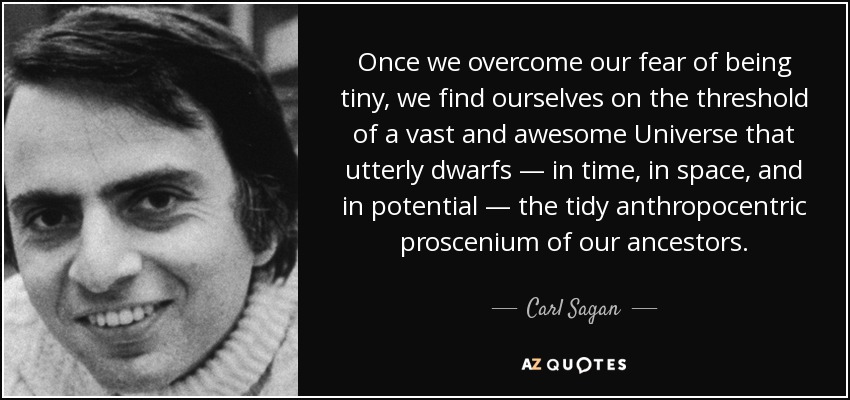 Once we overcome our fear of being tiny, we find ourselves on the threshold of a vast and awesome Universe that utterly dwarfs — in time, in space, and in potential — the tidy anthropocentric proscenium of our ancestors. - Carl Sagan