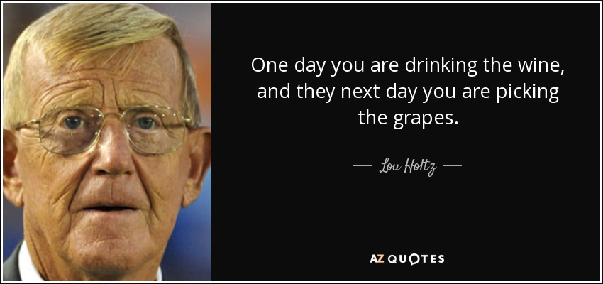 One day you are drinking the wine, and they next day you are picking the grapes. - Lou Holtz