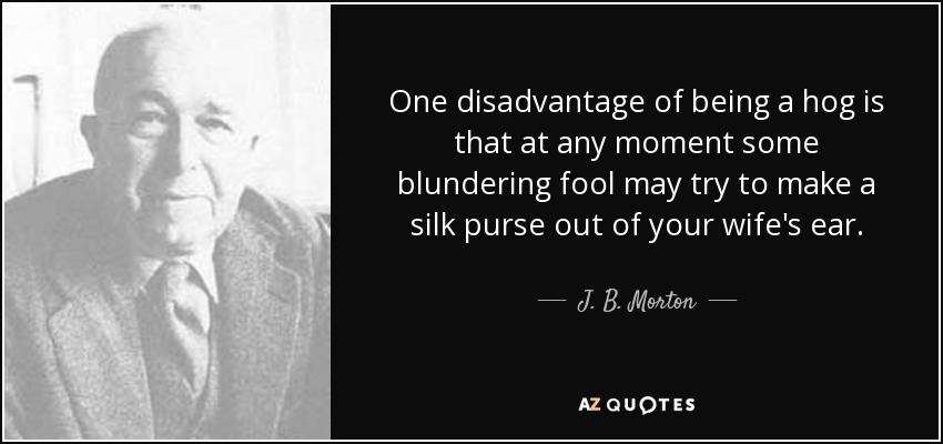 One disadvantage of being a hog is that at any moment some blundering fool may try to make a silk purse out of your wife's ear. - J. B. Morton