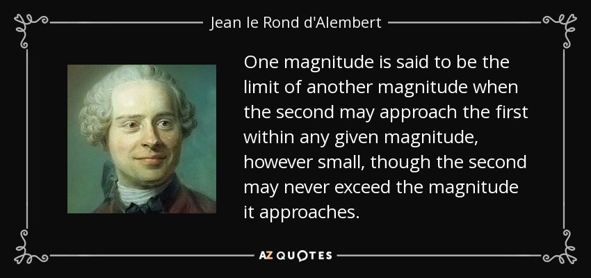 One magnitude is said to be the limit of another magnitude when the second may approach the first within any given magnitude, however small, though the second may never exceed the magnitude it approaches. - Jean le Rond d'Alembert