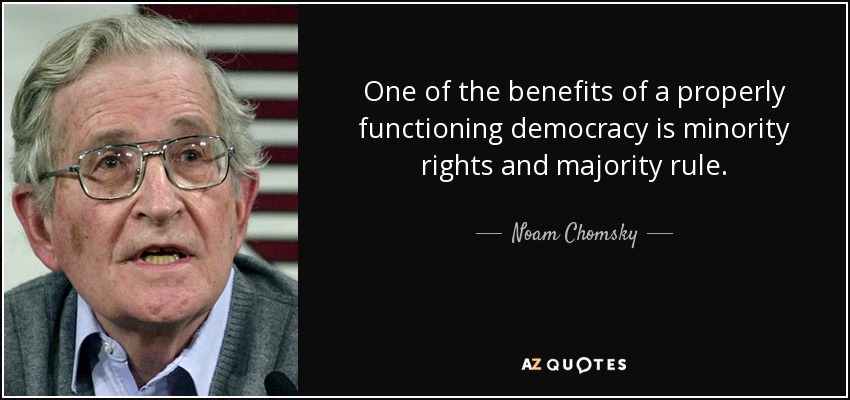 One of the benefits of a properly functioning democracy is minority rights and majority rule. - Noam Chomsky
