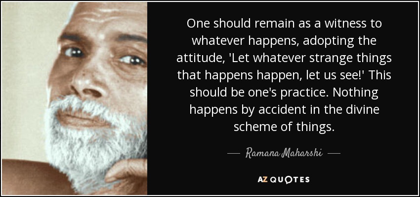 One should remain as a witness to whatever happens, adopting the attitude, 'Let whatever strange things that happens happen, let us see!' This should be one's practice. Nothing happens by accident in the divine scheme of things. - Ramana Maharshi