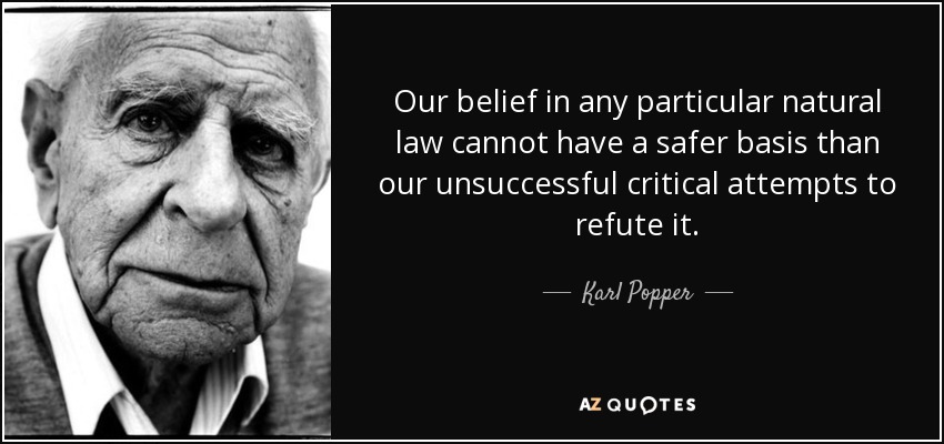 Our belief in any particular natural law cannot have a safer basis than our unsuccessful critical attempts to refute it. - Karl Popper