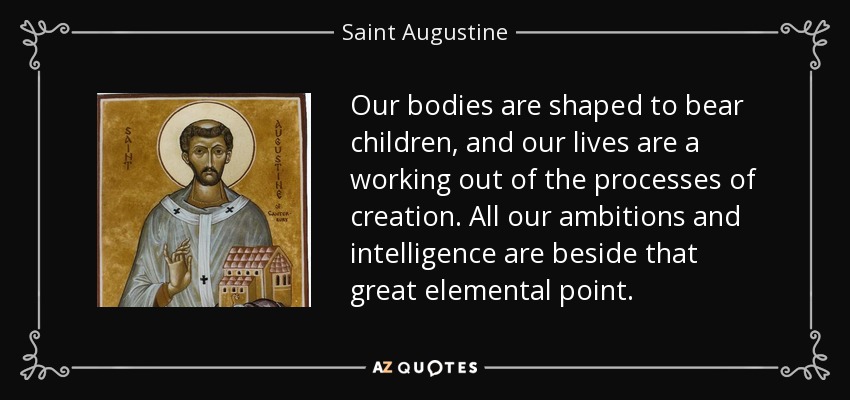 Our bodies are shaped to bear children, and our lives are a working out of the processes of creation. All our ambitions and intelligence are beside that great elemental point. - Saint Augustine