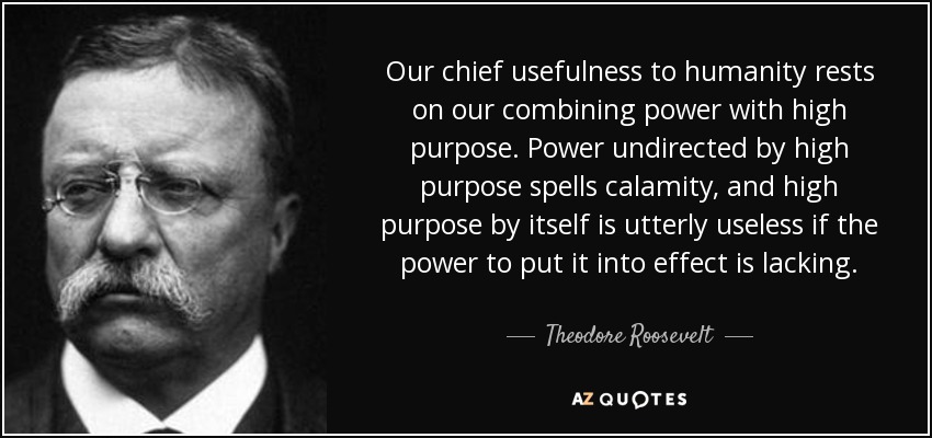 Our chief usefulness to humanity rests on our combining power with high purpose. Power undirected by high purpose spells calamity, and high purpose by itself is utterly useless if the power to put it into effect is lacking. - Theodore Roosevelt