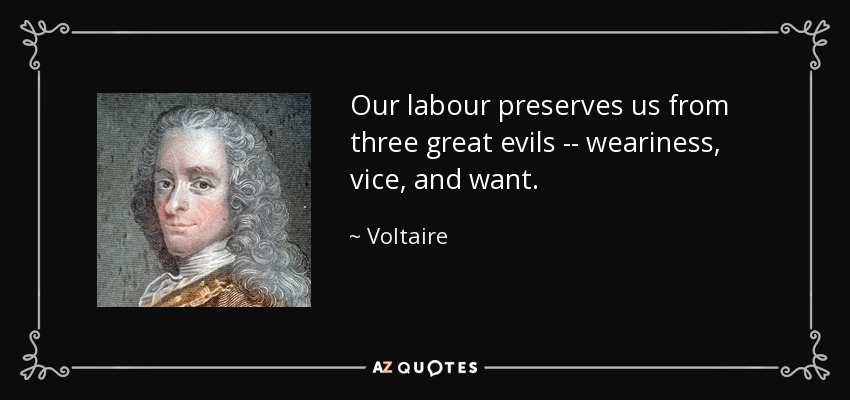 Our labour preserves us from three great evils -- weariness, vice, and want. - Voltaire
