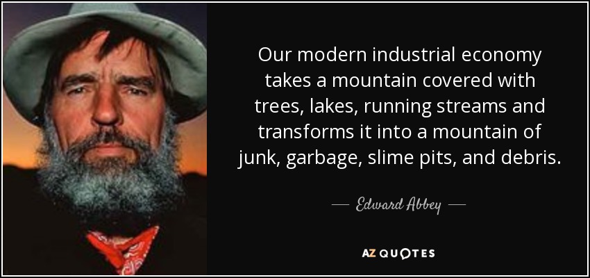 Our modern industrial economy takes a mountain covered with trees, lakes, running streams and transforms it into a mountain of junk, garbage, slime pits, and debris. - Edward Abbey