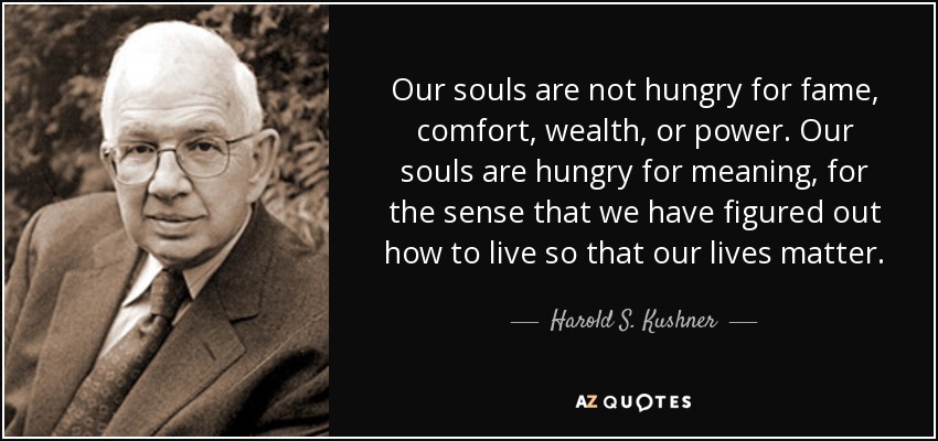 Our souls are not hungry for fame, comfort, wealth, or power. Our souls are hungry for meaning, for the sense that we have figured out how to live so that our lives matter. - Harold S. Kushner
