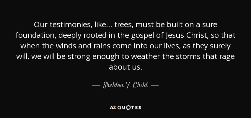 Our testimonies, like . . . trees, must be built on a sure foundation, deeply rooted in the gospel of Jesus Christ, so that when the winds and rains come into our lives, as they surely will, we will be strong enough to weather the storms that rage about us. - Sheldon F. Child