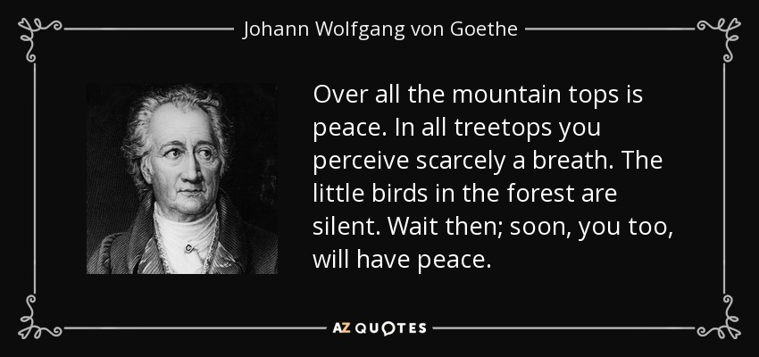 Over all the mountain tops is peace. In all treetops you perceive scarcely a breath. The little birds in the forest are silent. Wait then; soon, you too, will have peace. - Johann Wolfgang von Goethe