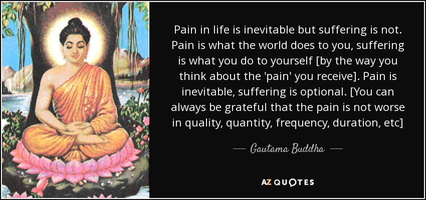 Pain in life is inevitable but suffering is not. Pain is what the world does to you, suffering is what you do to yourself [by the way you think about the 'pain' you receive]. Pain is inevitable, suffering is optional. [You can always be grateful that the pain is not worse in quality, quantity, frequency, duration, etc] - Gautama Buddha