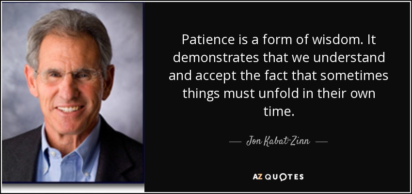 Patience is a form of wisdom. It demonstrates that we understand and accept the fact that sometimes things must unfold in their own time. - Jon Kabat-Zinn