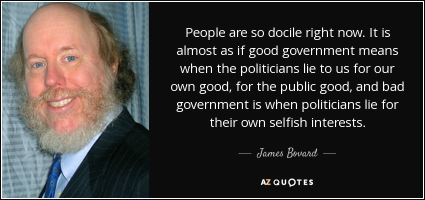 People are so docile right now. It is almost as if good government means when the politicians lie to us for our own good, for the public good, and bad government is when politicians lie for their own selfish interests. - James Bovard