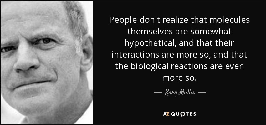 People don't realize that molecules themselves are somewhat hypothetical, and that their interactions are more so, and that the biological reactions are even more so. - Kary Mullis