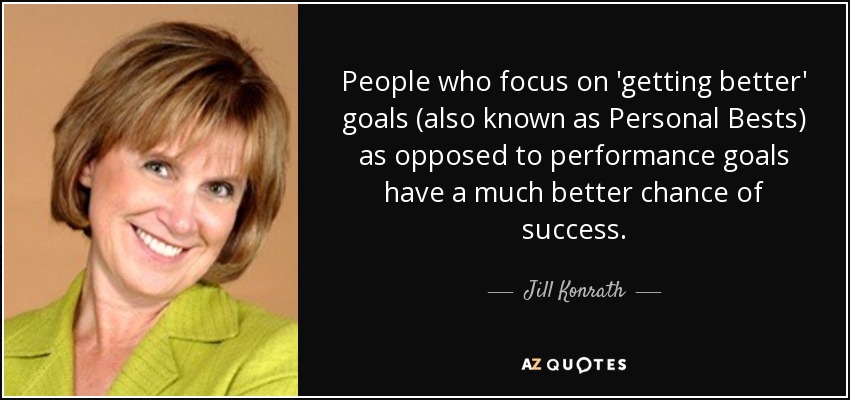 People who focus on 'getting better' goals (also known as Personal Bests) as opposed to performance goals have a much better chance of success. - Jill Konrath