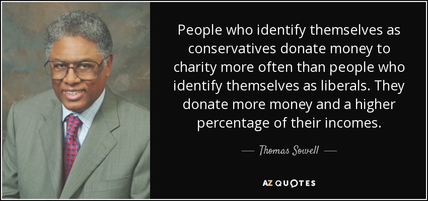 People who identify themselves as conservatives donate money to charity more often than people who identify themselves as liberals. They donate more money and a higher percentage of their incomes. - Thomas Sowell