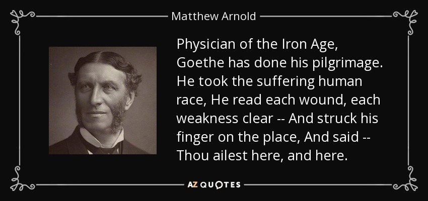 Physician of the Iron Age, Goethe has done his pilgrimage. He took the suffering human race, He read each wound, each weakness clear -- And struck his finger on the place, And said -- Thou ailest here, and here. - Matthew Arnold