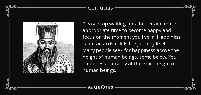 Please stop waiting for a better and more appropriate time to become happy and focus on the moment you live in. Happiness is not an arrival, it is the journey itself. Many people seek for happiness above the height of human beings, some below. Yet, happiness is exactly at the exact height of human beings. - Confucius