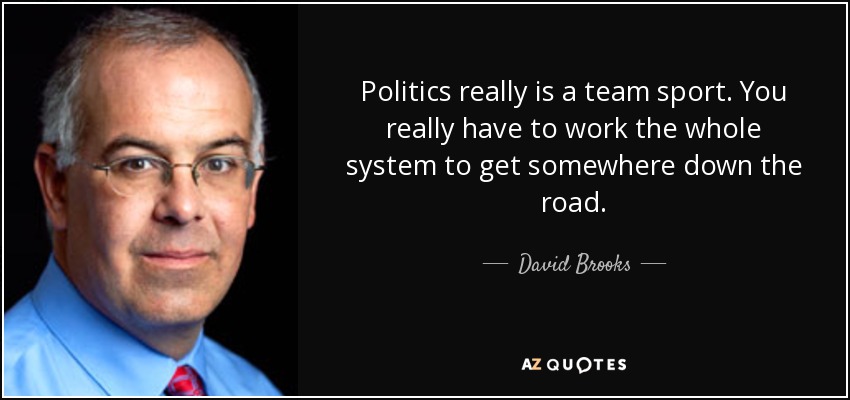 Politics really is a team sport. You really have to work the whole system to get somewhere down the road. - David Brooks