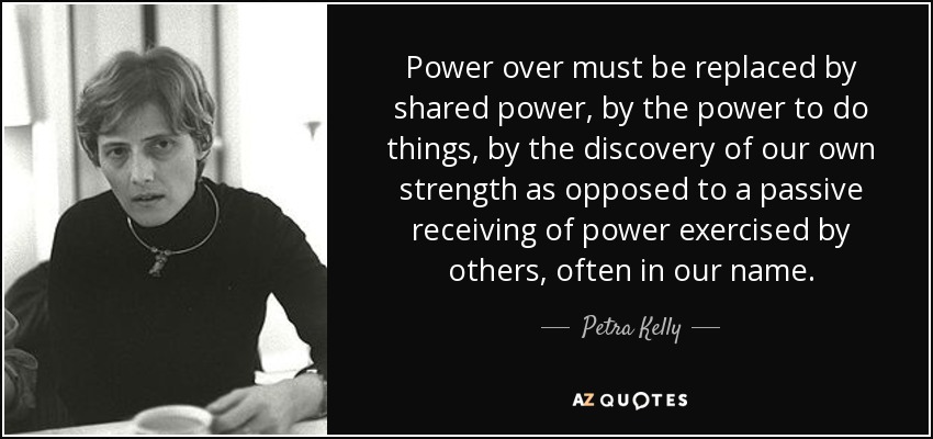 Power over must be replaced by shared power, by the power to do things, by the discovery of our own strength as opposed to a passive receiving of power exercised by others, often in our name. - Petra Kelly