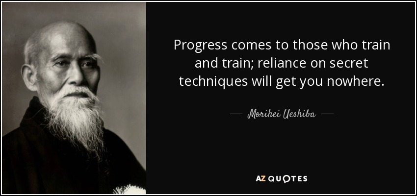 Progress comes to those who train and train; reliance on secret techniques will get you nowhere. - Morihei Ueshiba