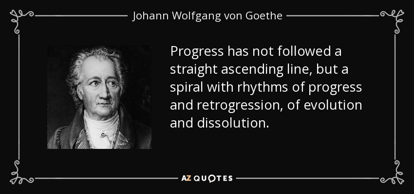 Progress has not followed a straight ascending line, but a spiral with rhythms of progress and retrogression, of evolution and dissolution. - Johann Wolfgang von Goethe