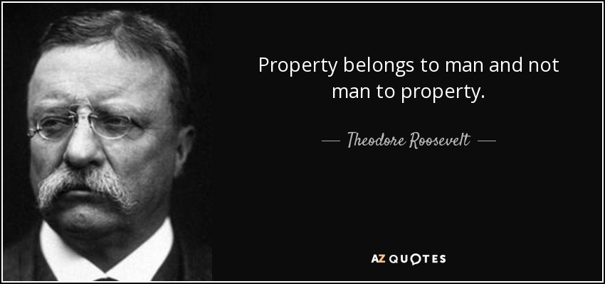 Property belongs to man and not man to property. - Theodore Roosevelt