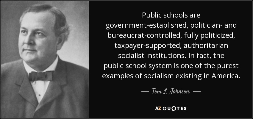 Public schools are government-established, politician- and bureaucrat-controlled, fully politicized, taxpayer-supported, authoritarian socialist institutions. In fact, the public-school system is one of the purest examples of socialism existing in America. - Tom L. Johnson