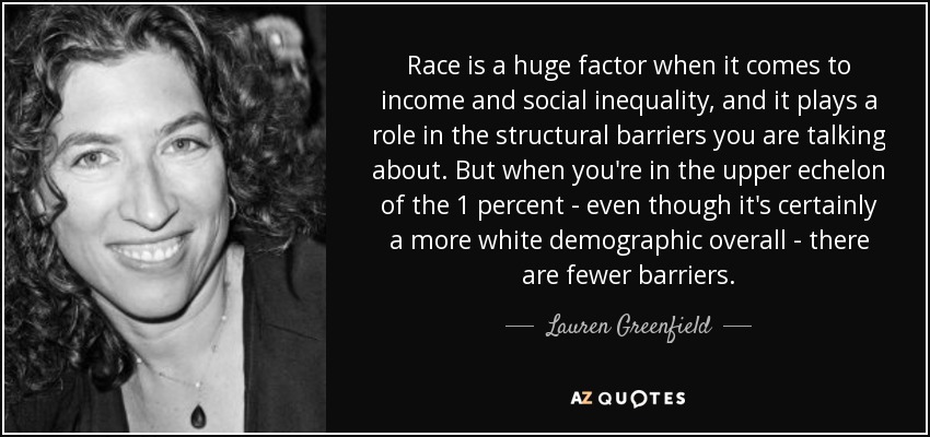 Race is a huge factor when it comes to income and social inequality, and it plays a role in the structural barriers you are talking about. But when you're in the upper echelon of the 1 percent - even though it's certainly a more white demographic overall - there are fewer barriers. - Lauren Greenfield